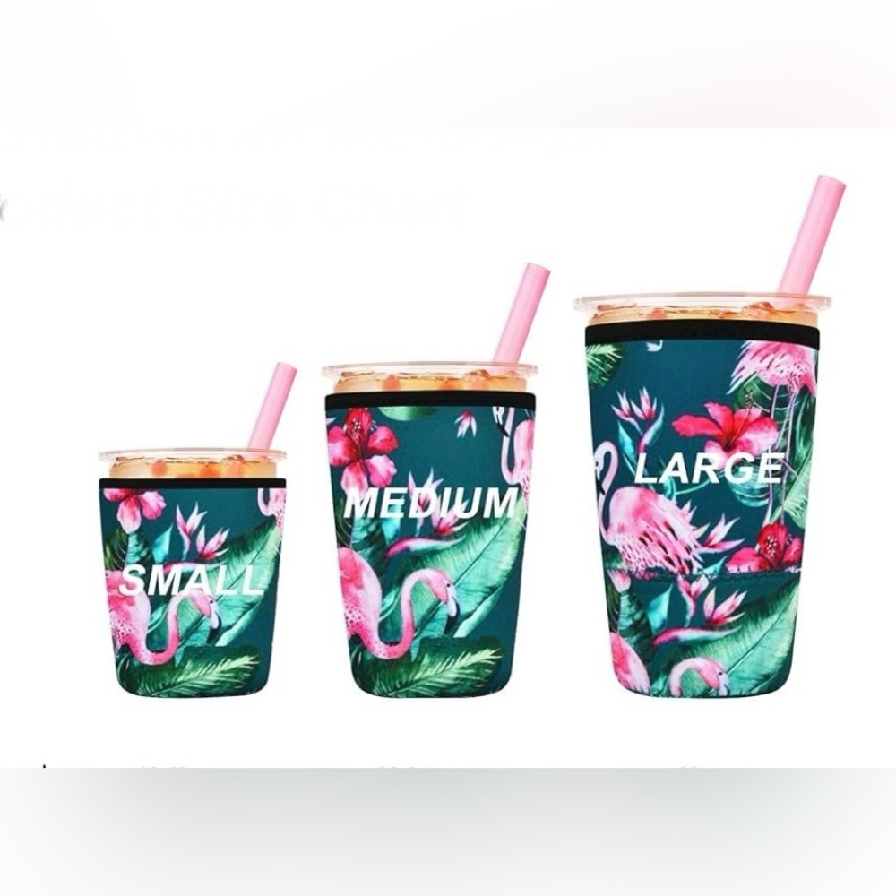 3 Tropical Flamingo Print Neoprene Iced Coffee Drink Sleeves Insulators NEW